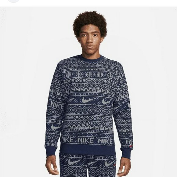 Nike Sportswear Club Mens Blue Fleece Crew-Neck Holiday Sweatshirt Size Large - Picture 1 of 12